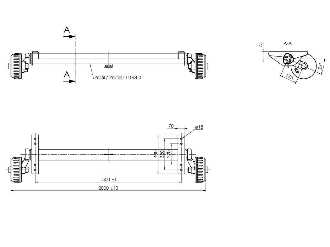 Náprava AL-KO Plus B 1800-9 (1800 kg) a=1500 mm, 112x5, zesílené patky
